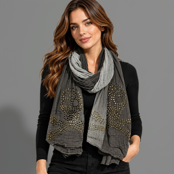 Peach Couture Womens Vintage Cotton Crinkled Ombrè Skull Studded Scarf Shawl Grey
