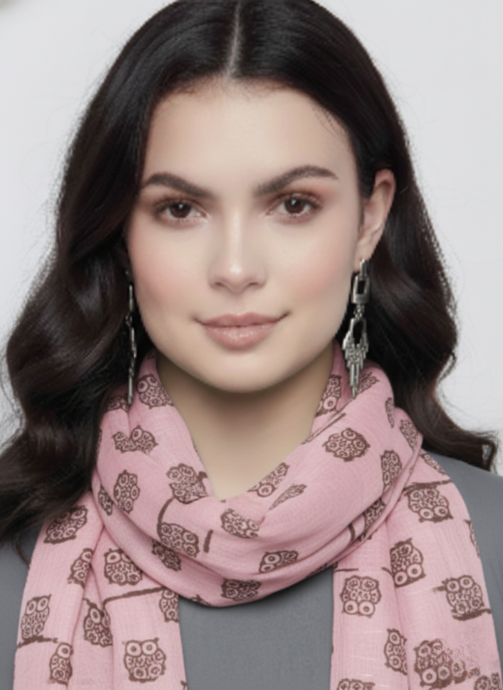 Lightweight rose pink and grey owl print sheer infinity scarf and shawl for women
