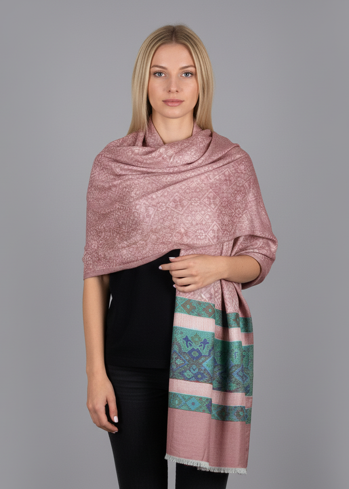 Silky shiny tribal paisley printed scarf with fringe in pink and peach colors