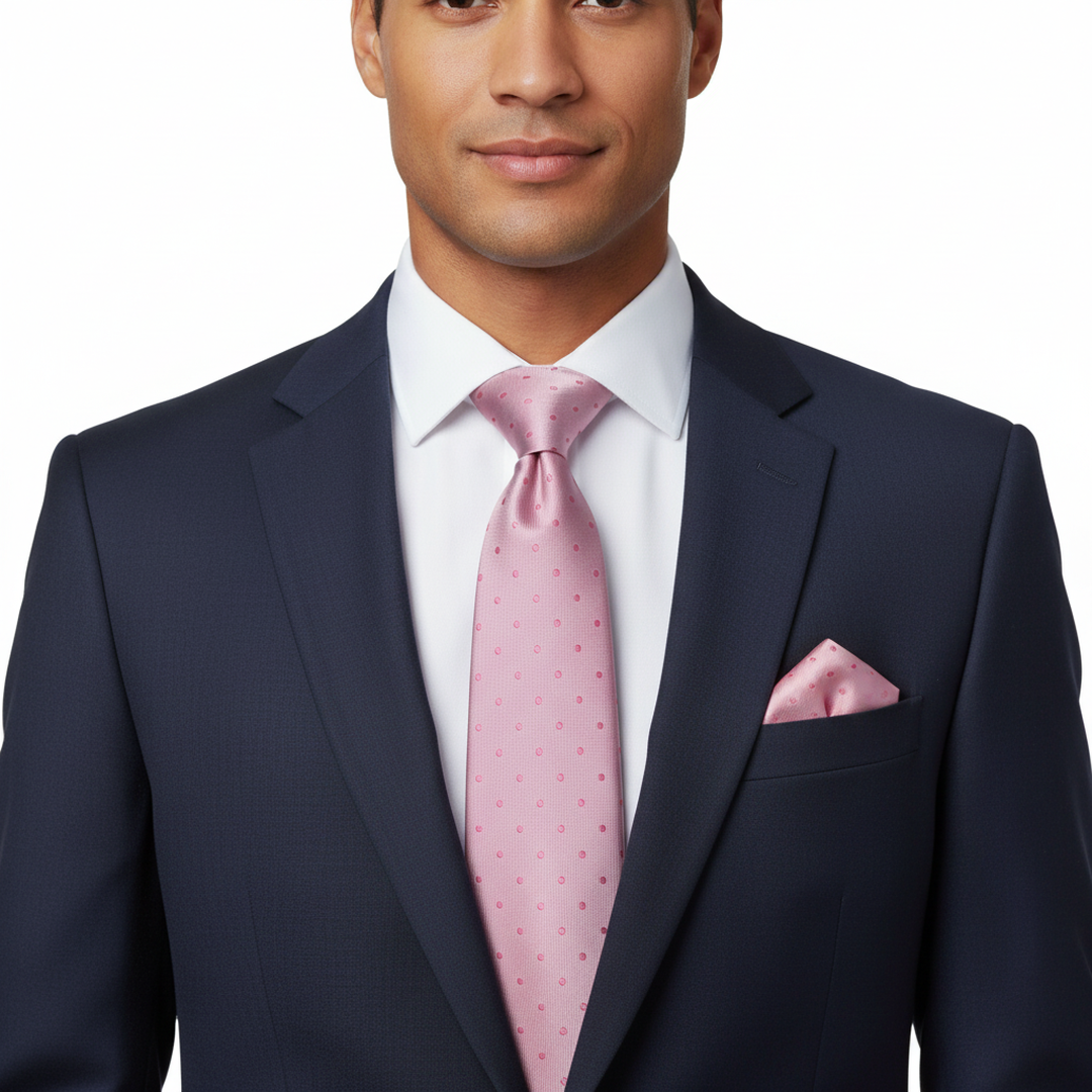 Pink Polka Dot Men's Necktie Set with Cufflinks and Pocket Square