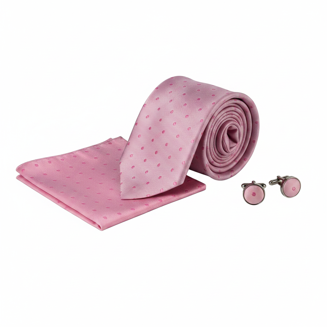 Pink Polka Dot Men's Necktie Set with Cufflinks and Pocket Square
