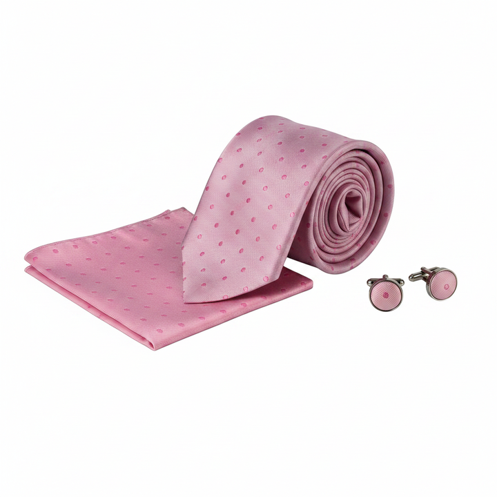 Pink Polka Dot Men's Necktie Set with Cufflinks and Pocket Square