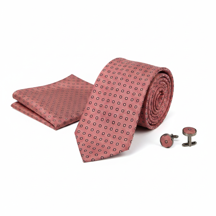 Pink Polka Dot Necktie Set with Cufflinks and Pocket Square