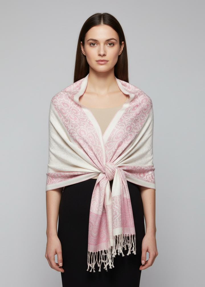 Reversible pashmina wrap shawl featuring a pink and white paisley floral border design.