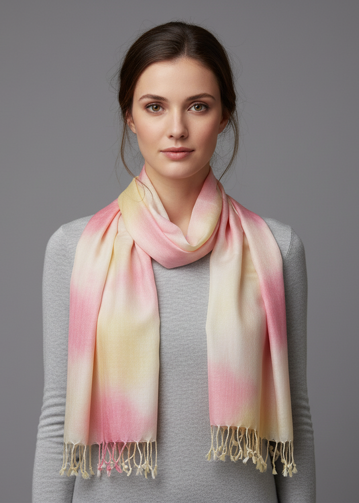 Exclusive designer faded tie-dye pashmina shawl with soft fringe detail
