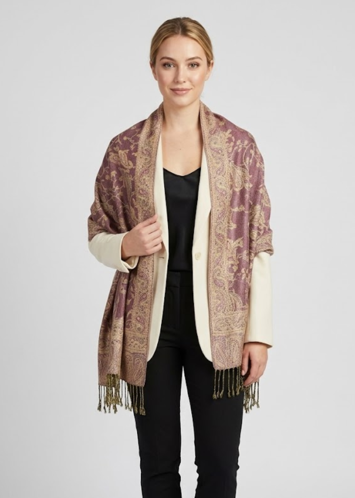 Double-layered reversible pashmina shawl with a vibrant floral paisley pattern and delicate fringe trim.
