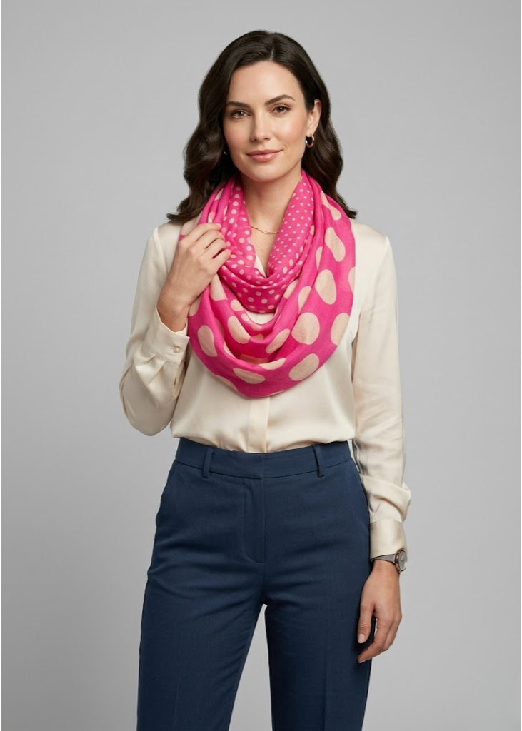 Bright fuchsia vintage-style infinity loop scarf featuring a multicolored classic polka dot pattern.