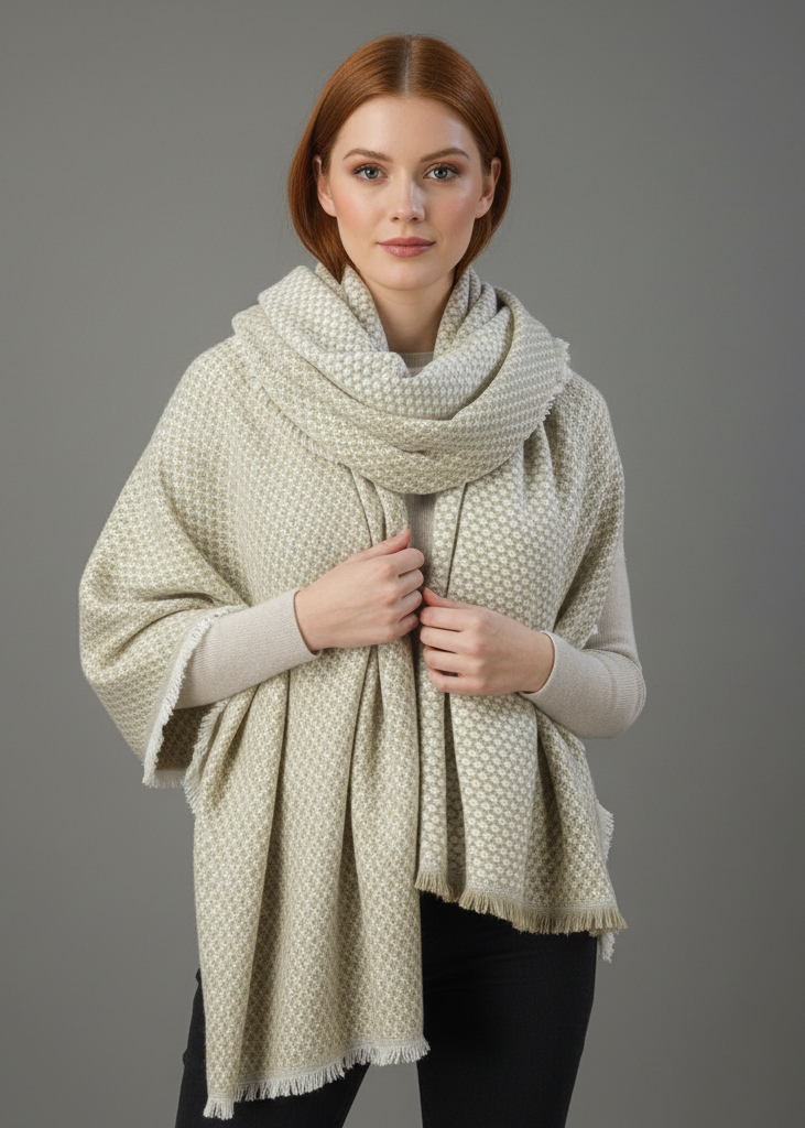 Cream oversized plaid tartan herringbone reversible winter blanket scarf wrap