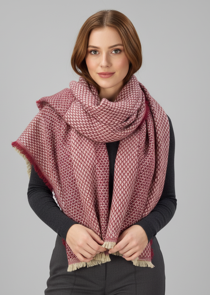 Maroon plaid tartan herringbone reversible oversized winter blanket scarf with fringe edges