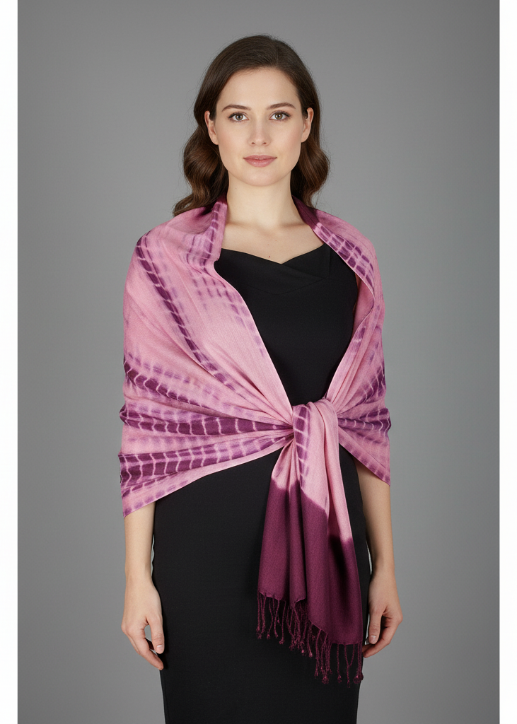 Handcrafted plum and bubble gum pink tie-dye pashmina shawl with delicate fringe trim