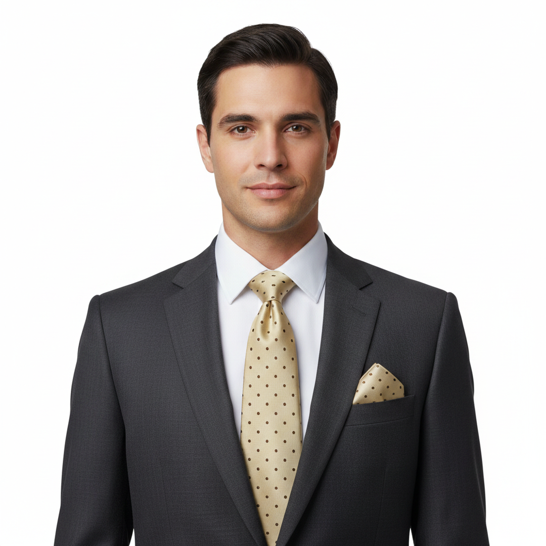 Polka Dot Ivory and Brown Men's Necktie Set with Cufflinks and Pocket Square