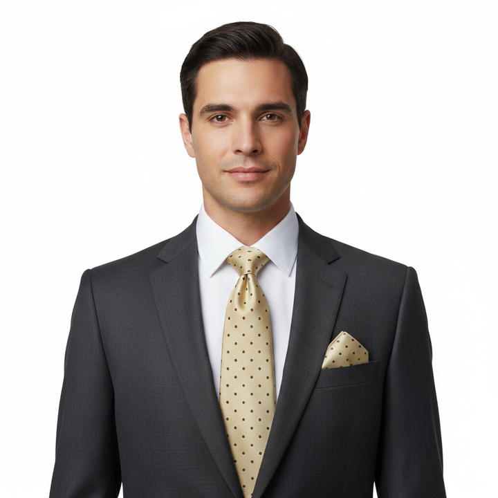 Polka Dot Ivory and Brown Men's Necktie Set with Cufflinks and Pocket Square
