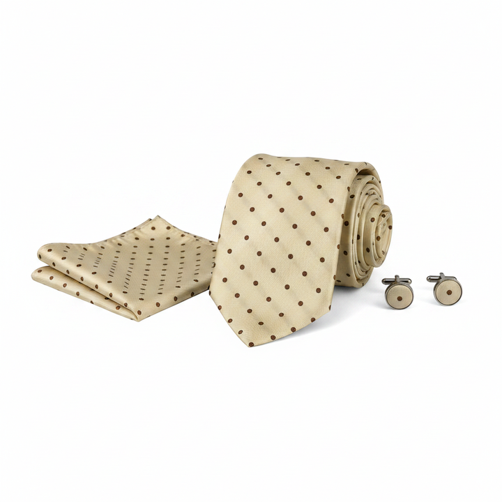 Polka Dot Ivory and Brown Men's Necktie Set with Cufflinks and Pocket Square