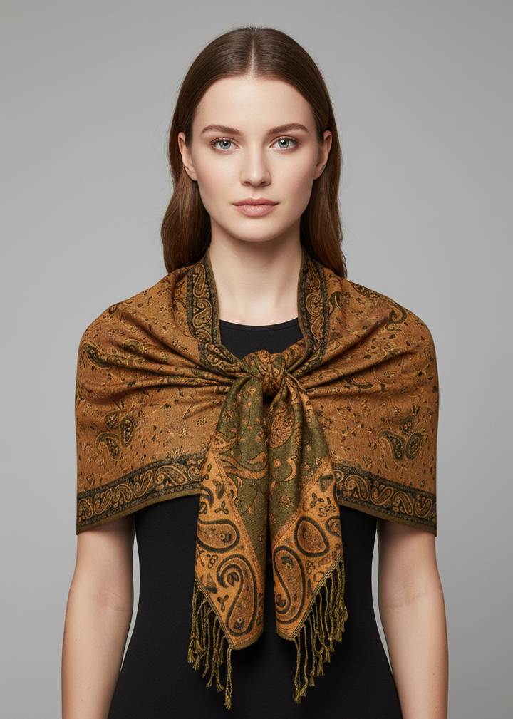 Reversible double-layered pashmina shawl featuring an intricate floral paisley pattern with fringed edges.