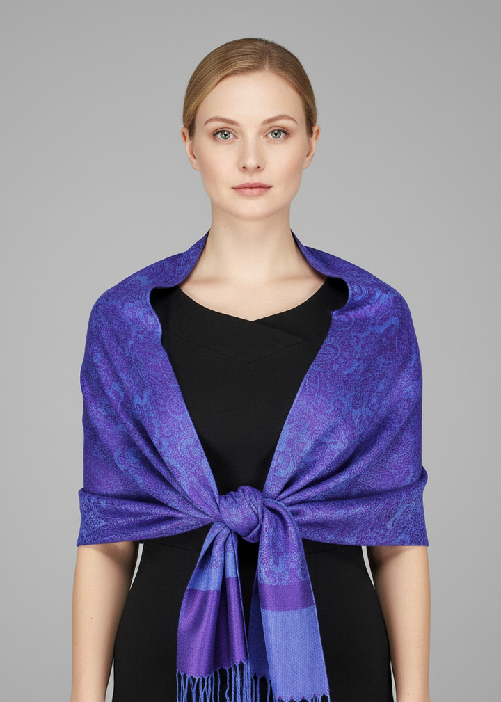 Purple-blue reversible double layer jacquard paisley shawl with intricate patterns and fringe.