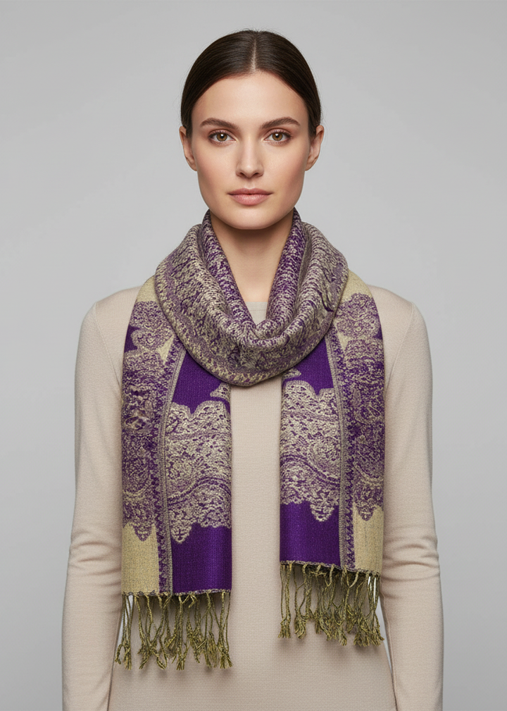 Reversible purple and light gold pashmina shawl featuring an intricate paisley pattern and braided fringe.