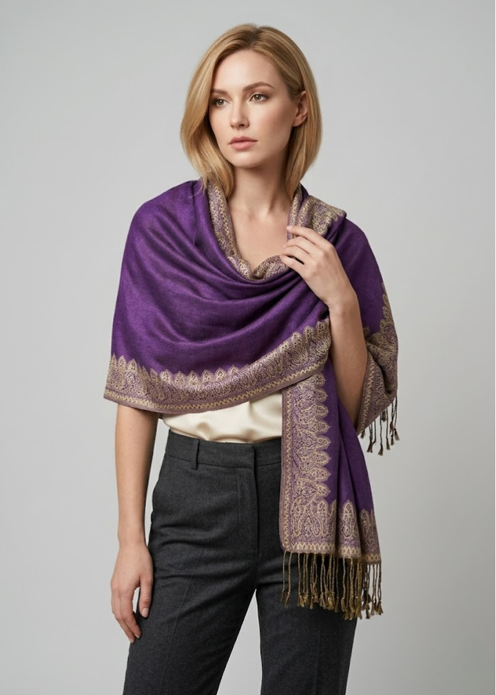 Elegant reversible jacquard paisley pashmina shawl wrap for women in purple and light gold.