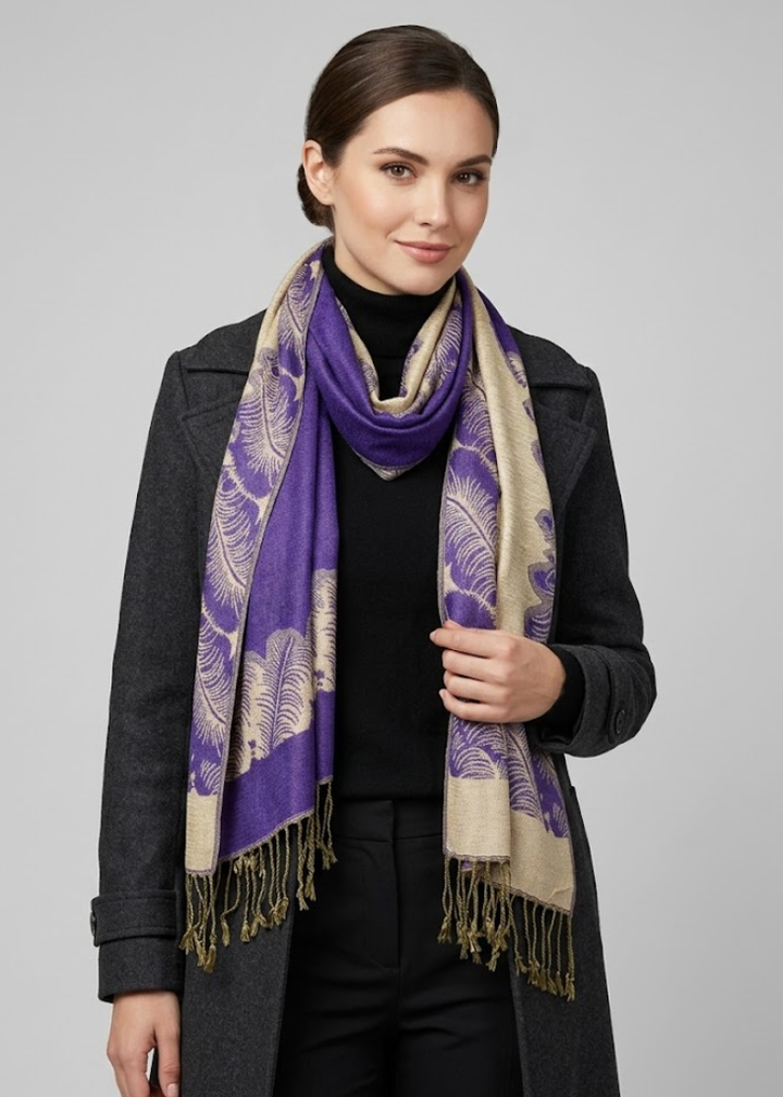A woman wearing a Purple and Tan reversible Jacquard paisley pashmina shawl wrap. The image shows the vibrant purple side with intricate tan paisley patterns and a soft tassel fringe, draped over a black outfit.