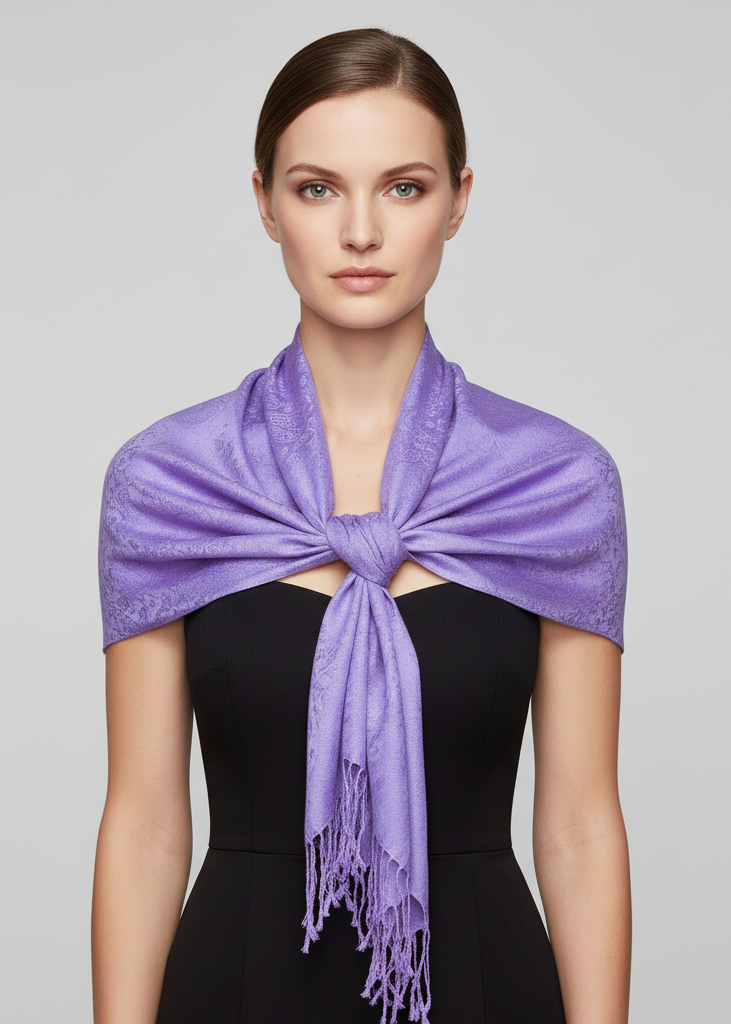 Elegant double layer jacquard paisley pashmina shawl in shades of purple.