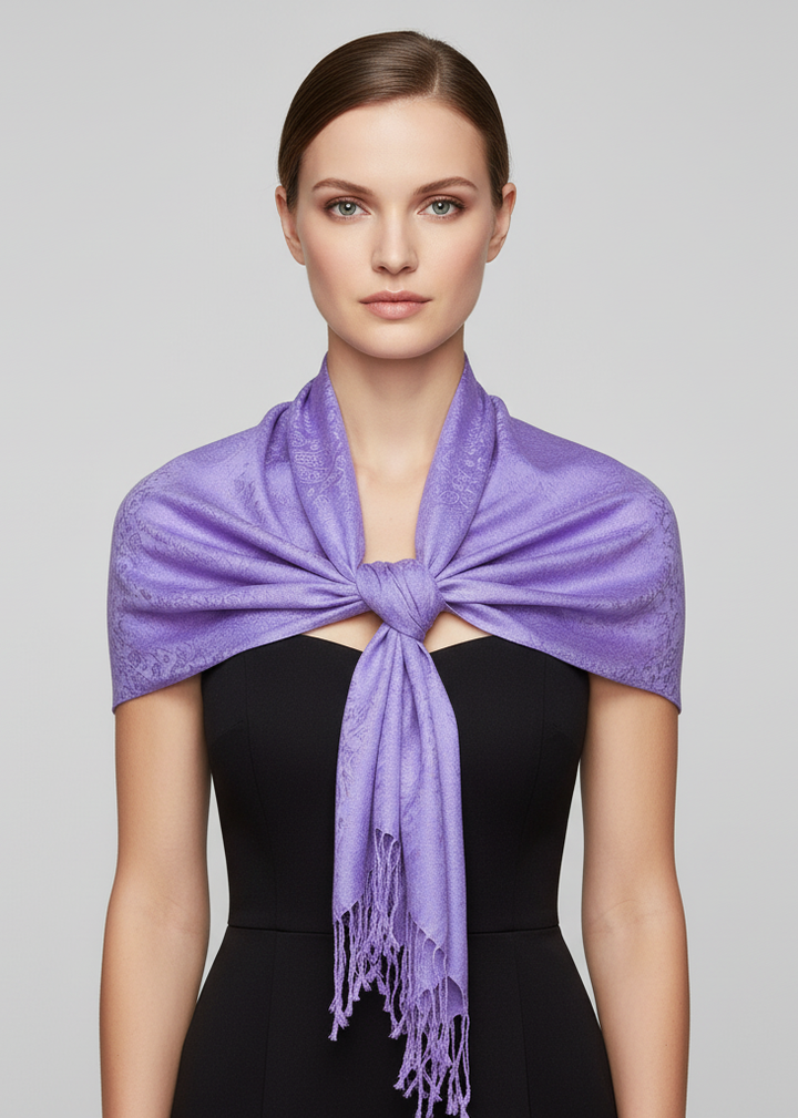 Elegant double layer jacquard paisley pashmina shawl in shades of purple.