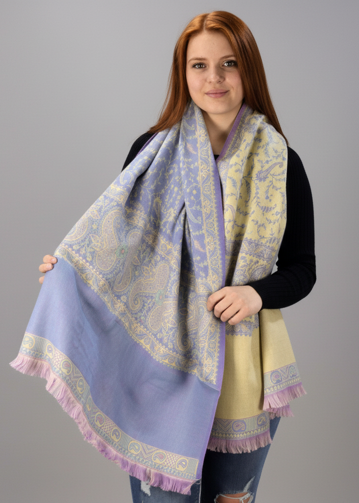 Purple reversible paisley pashmina shawl with a thick 4-ply weave and fringe trim.