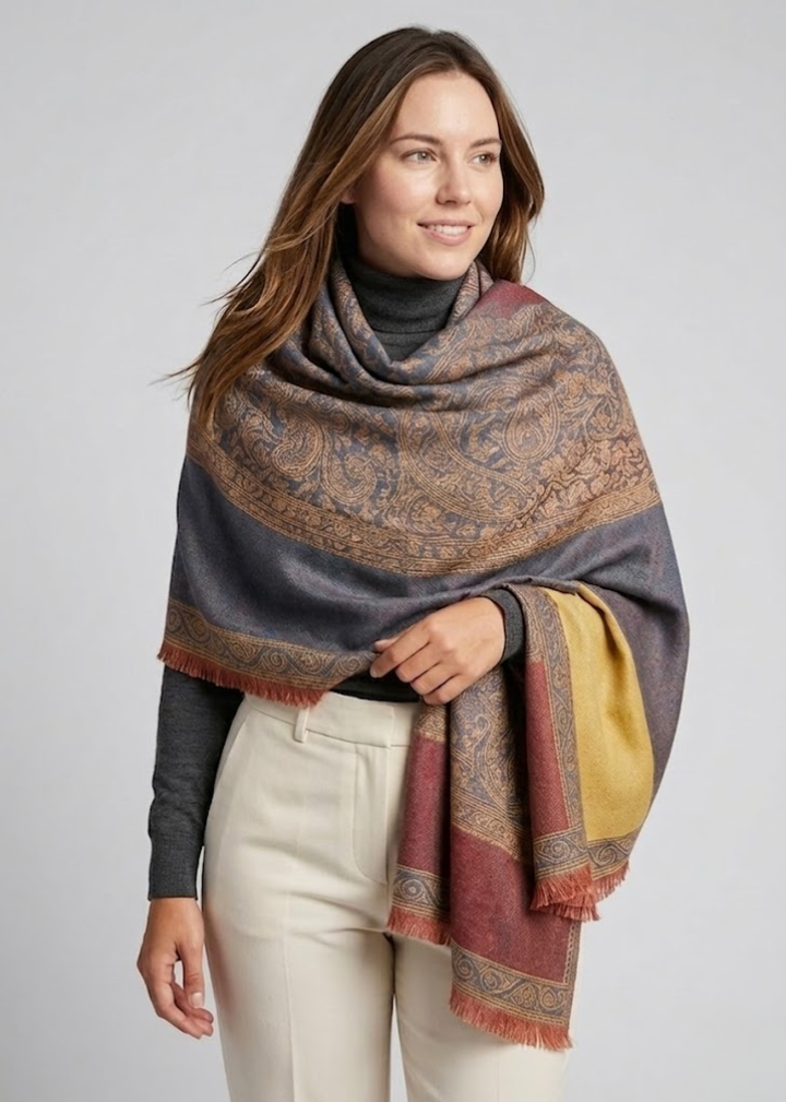 Purple and Coral Thick 4-Ply Reversible Paisley Pashmina Shawl