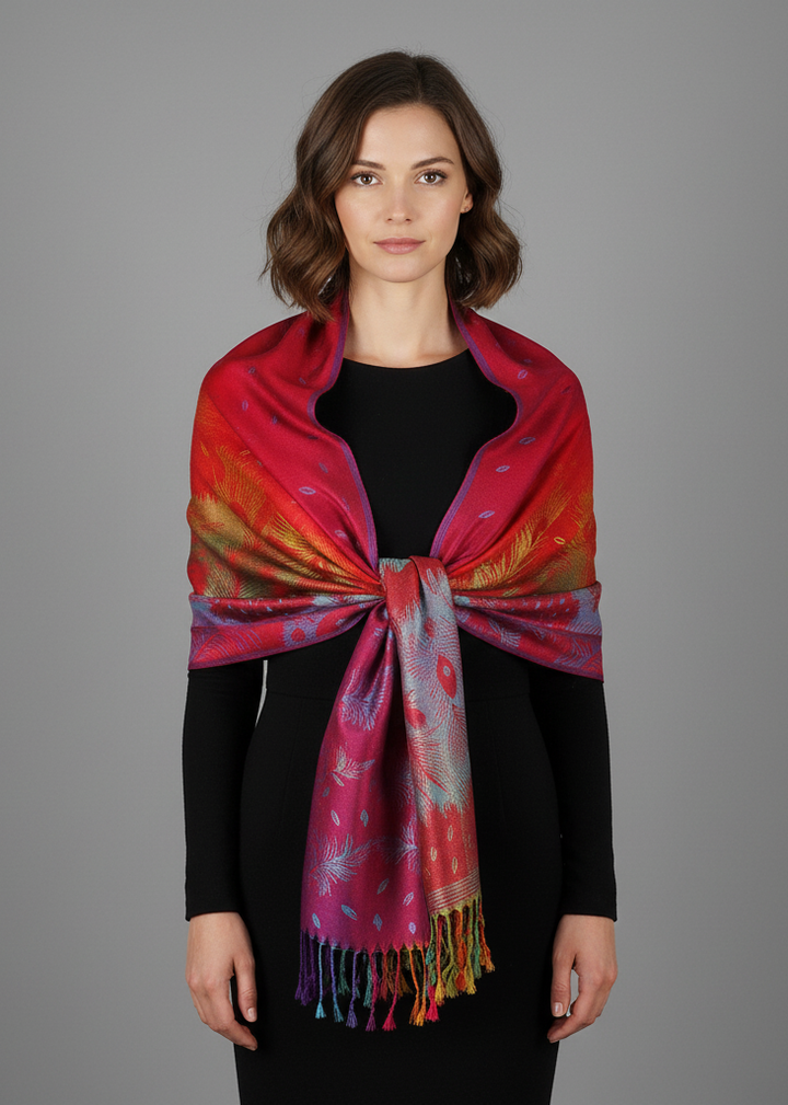 Rainbow silky tropical pashmina shawl with a vibrant multi-colored gradient and fringed edges.