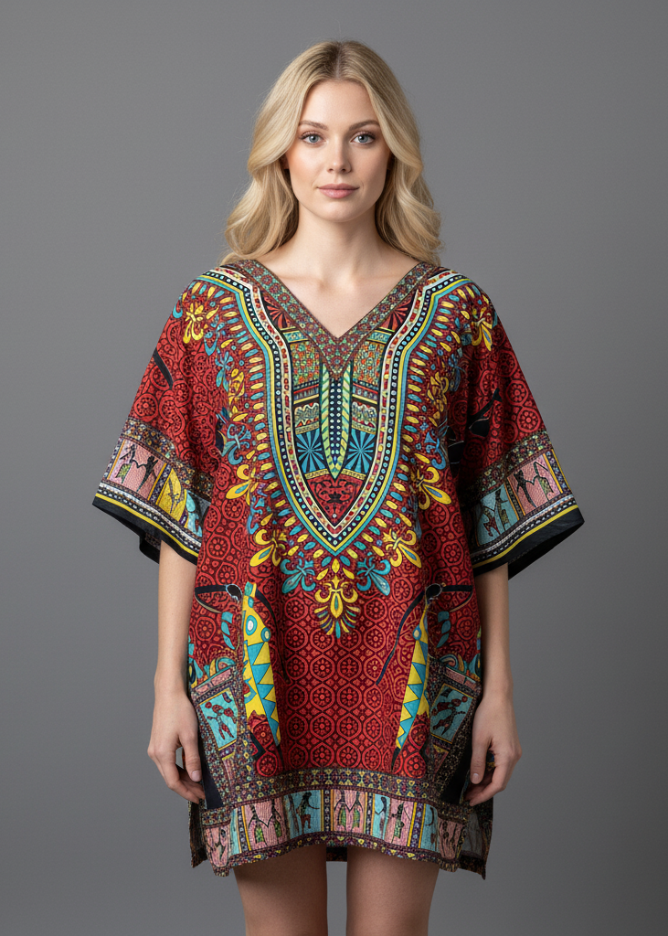 Woman modeling a vibrant red dashiki kaftan tunic with a traditional yellow, blue, and black tribal pattern. This short, one-size V-neck dress has wide draped sleeves and is shown in a studio shot against a solid grey background.