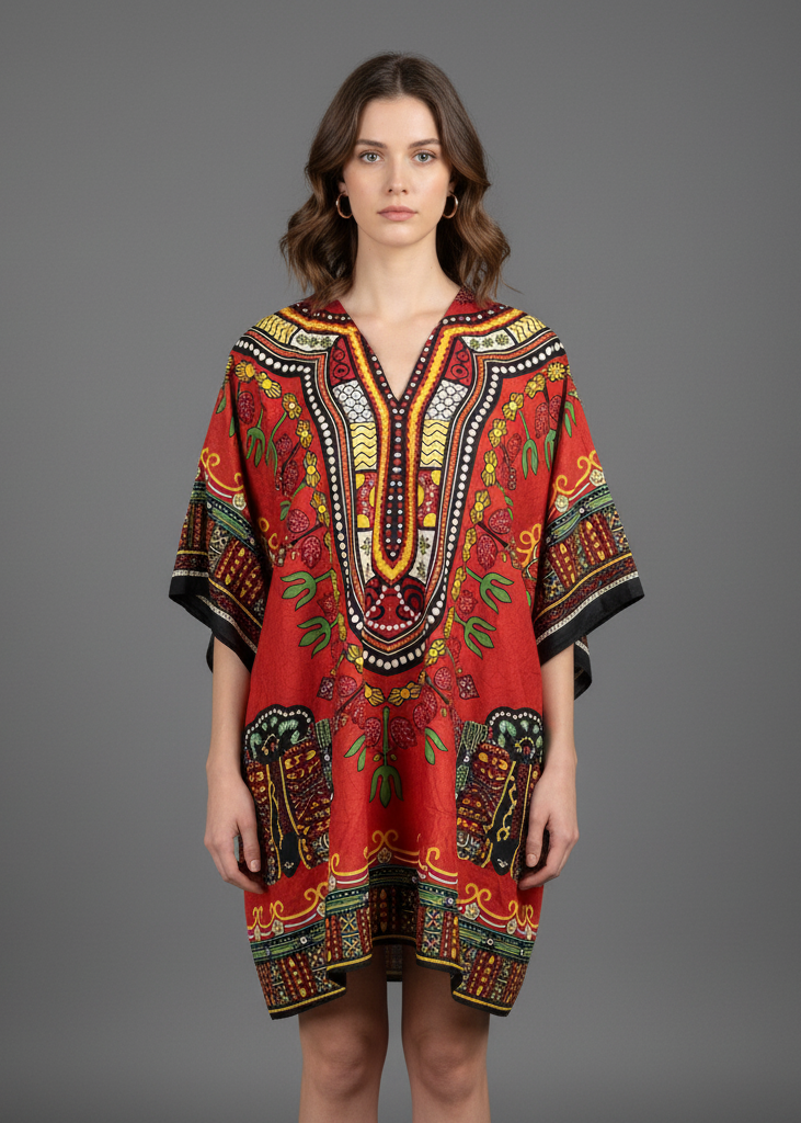 Woman modeling a bright scarlet red dashiki kaftan tunic with traditional yellow, green, and black tribal embroidery patterns. This one-size V-neck top features wide sleeves and a detailed geometric border, shown against a solid grey background.