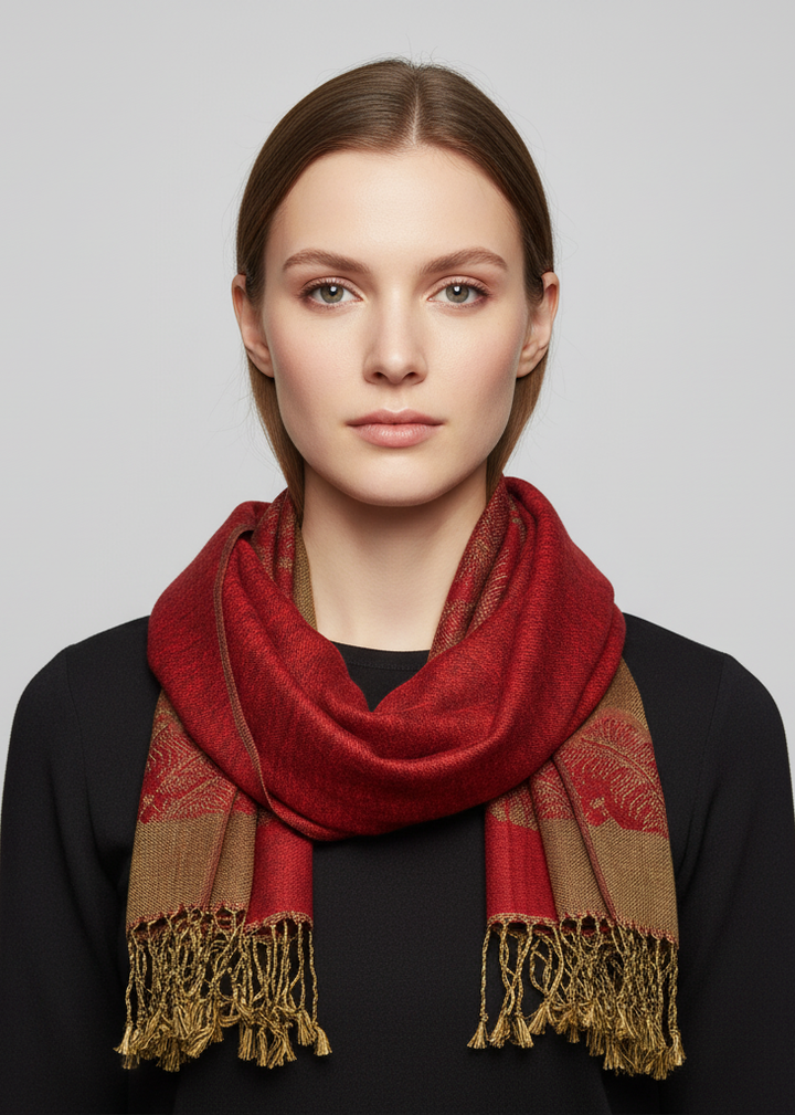 Reversible red and taupe jacquard paisley pashmina shawl wrap for women.