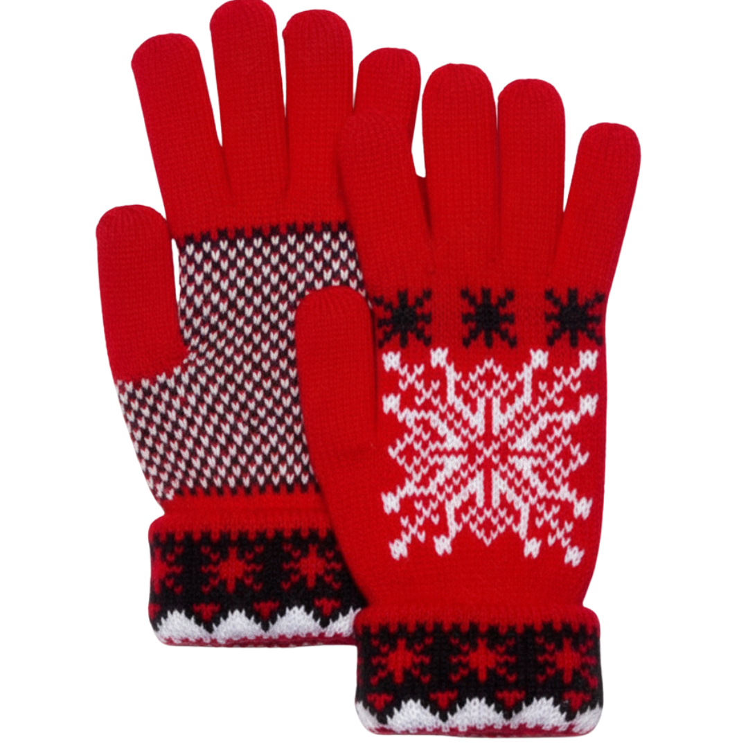 Fair Isle Snowflake Plush Fleece Lined Double Layer Winter Gloves – Warm Soft Knit Cold Weather Accessory