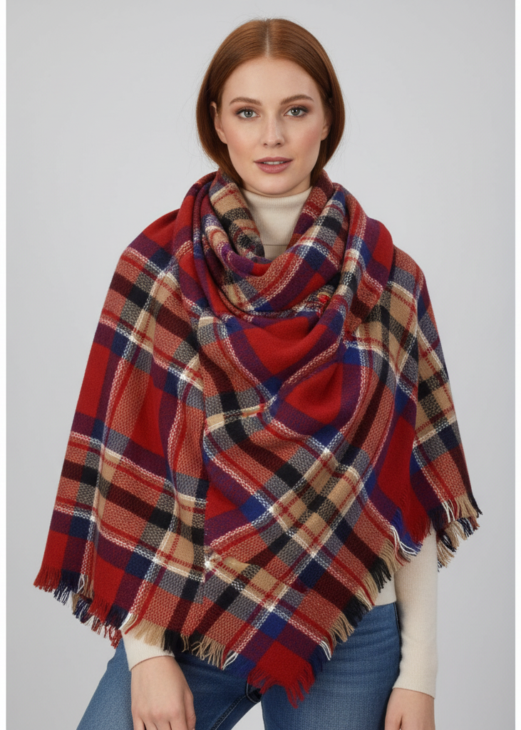 Red black warm tartan plaid woven oversized fringe scarf blanket shawl wrap