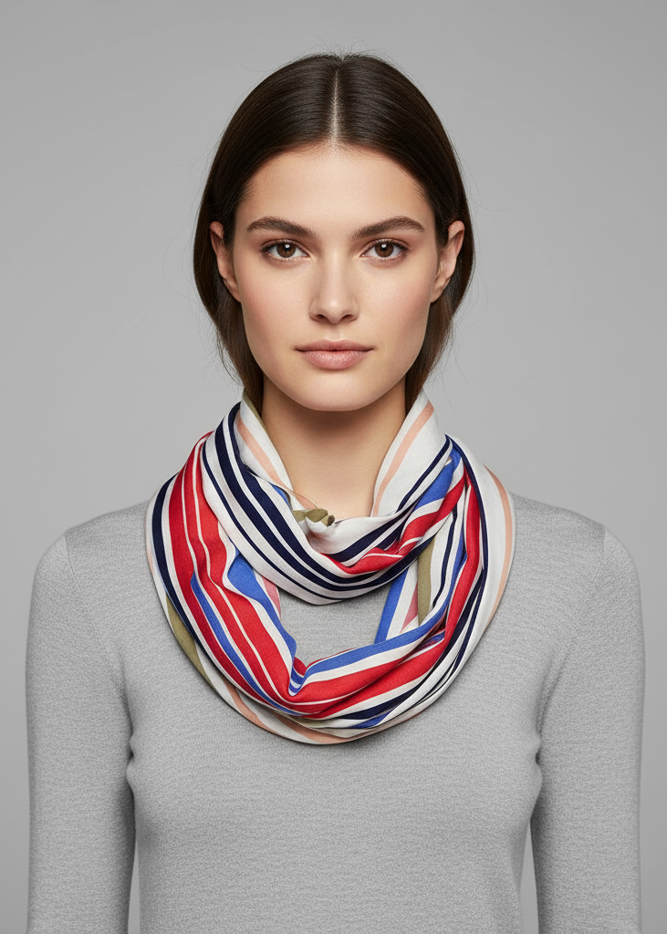 Multicolor striped infinity loop scarf in red blue white and peach vintage style lightweight fashion accessory.