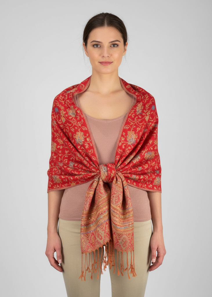 Red ethnic design bohemian pashmina shawl with reversible tribal border pattern.