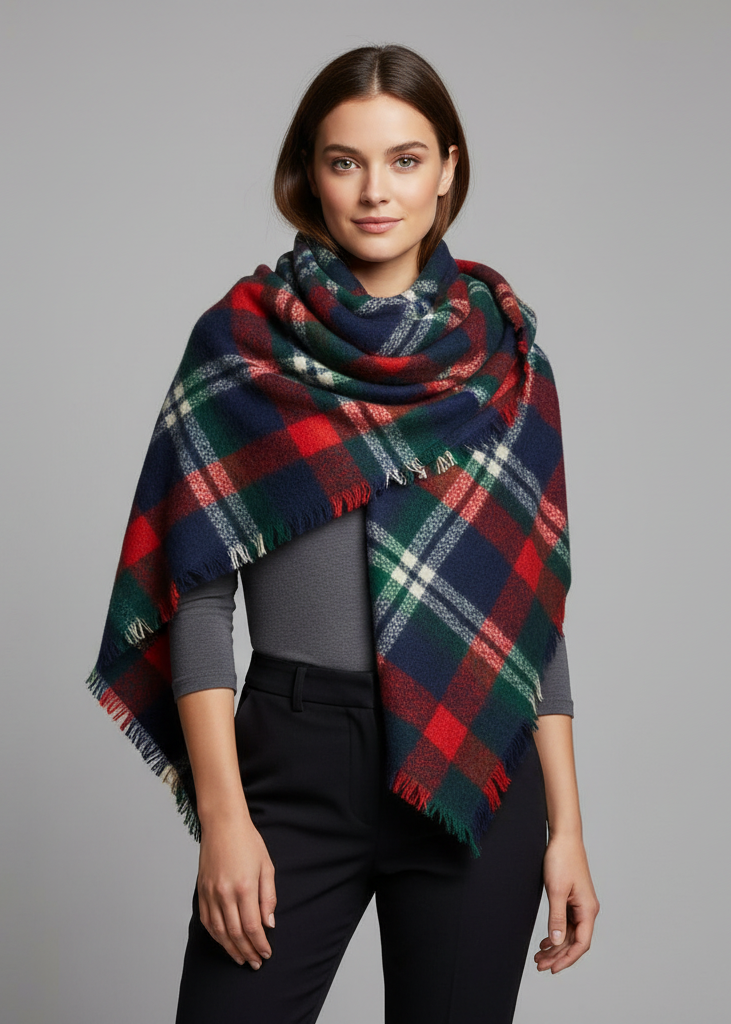 Red green warm tartan plaid woven oversized fringe scarf blanket shawl wrap