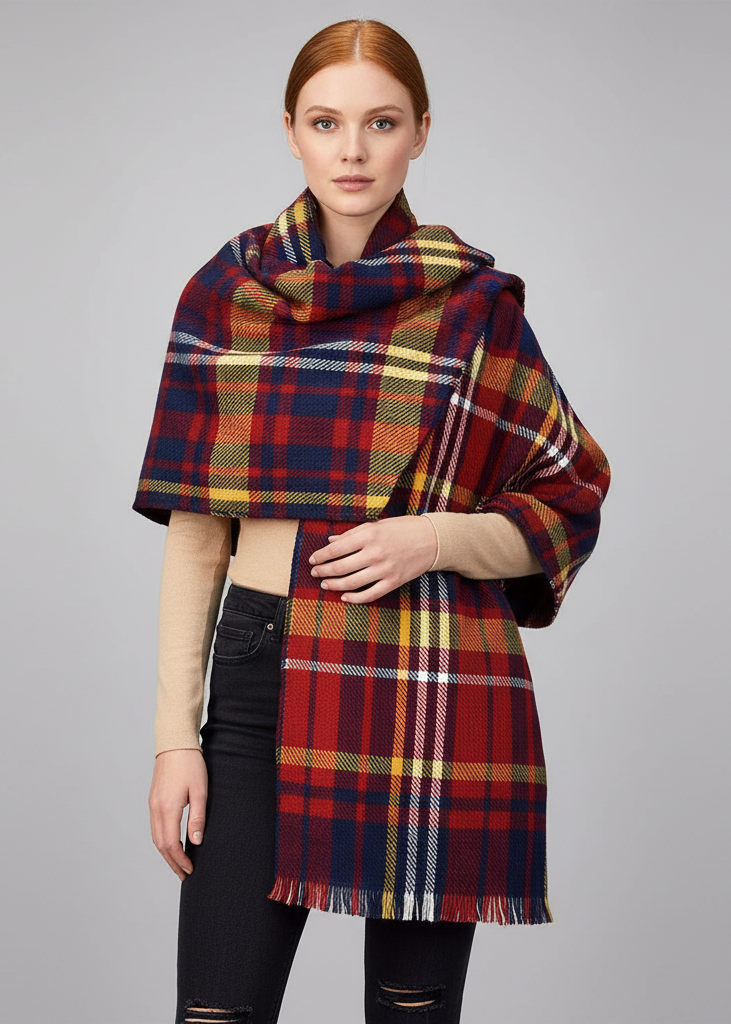 Red navy reversible oversized plaid tartan herringbone blanket scarf woven winter wrap