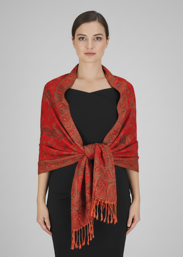 Elegant double layer reversible pashmina shawl wrap scarf with intricate paisley pattern and fringed edges.