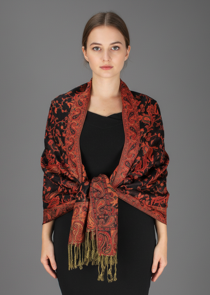 Elegant double-layer reversible pashmina shawl featuring an intricate red and black paisley pattern with fringed edges.