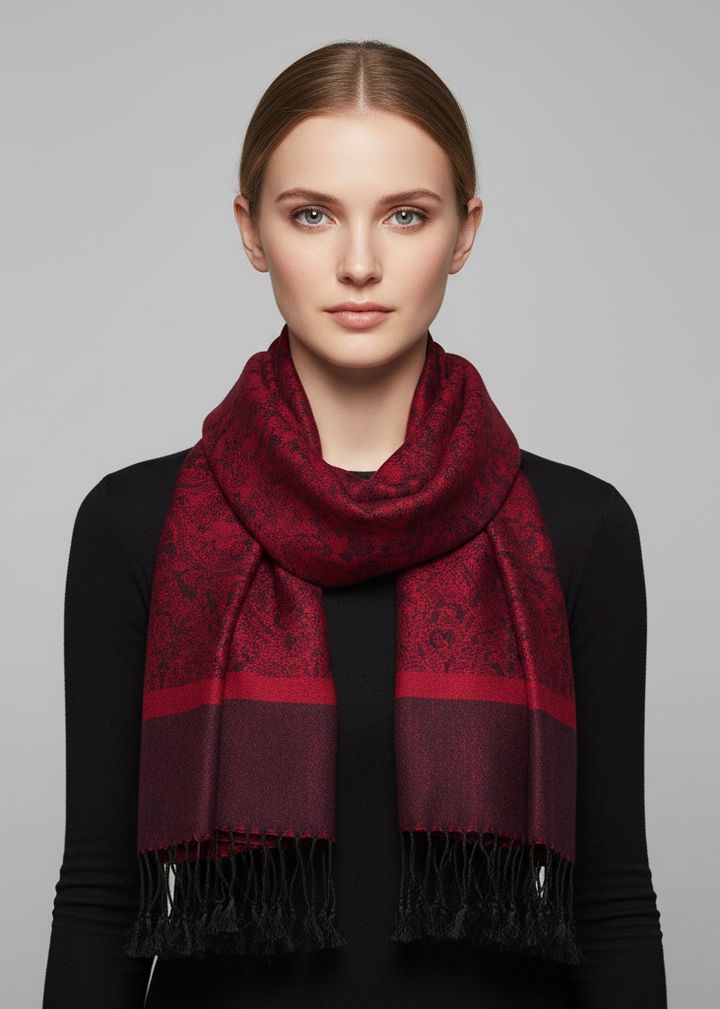 Elegant red and black vintage jacquard paisley shawl with intricate patterns and fringe.