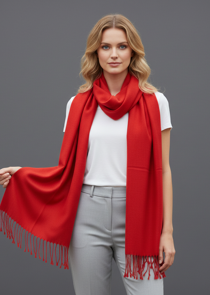 Elegant red pashmina shawl for women crafted from a premium blend of 70% cashmere and 30% silk.