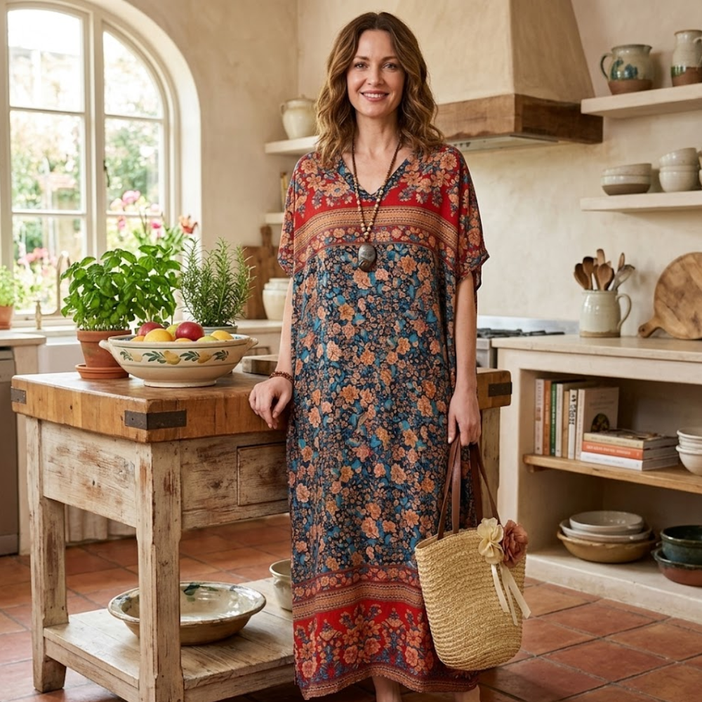 Woman wearing the Springtime Blossoms floral print kaftan maxi dress in navy and red, featuring a relaxed V-neck design and styled with a straw tote bag in a rustic kitchen setting.