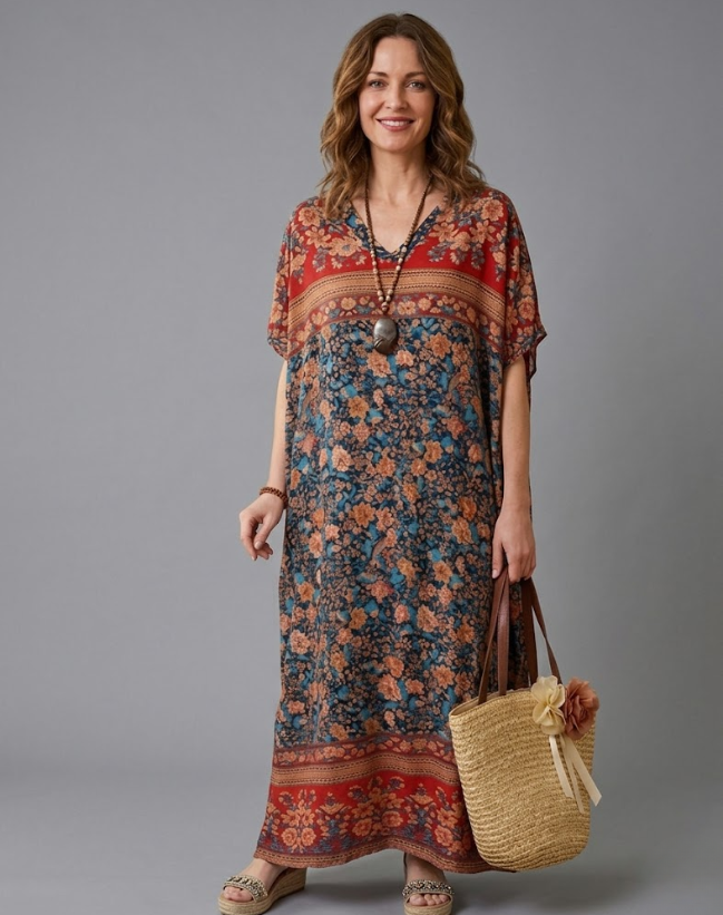 Springtime Blossoms Floral Maxi Kaftan Dress for Women – Boho Beach Cover Up