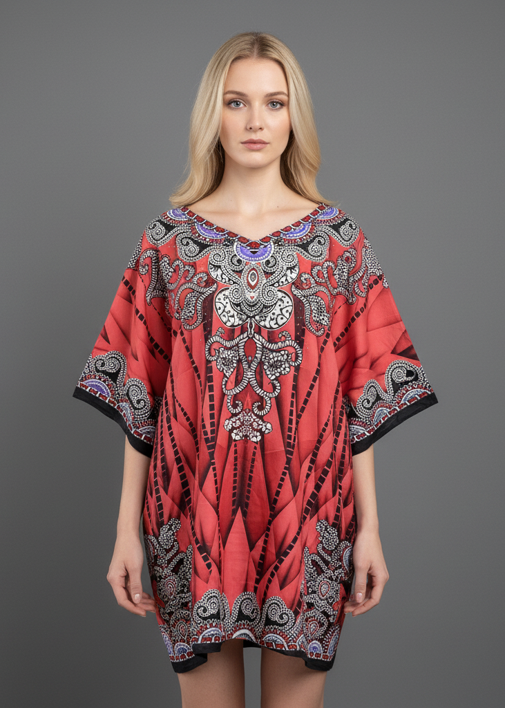 Woman modeling a vibrant red and coral kaftan tunic with a bold geometric 'wing' pattern and ornate grey medallion details at the neckline. The short, one-size V-neck dress is shown against a solid grey background, perfect for resort and vacation fashion.