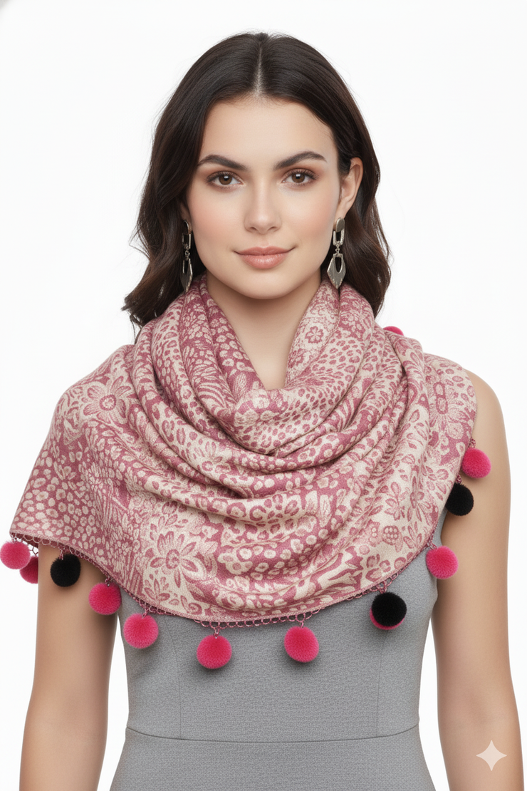 Retro Floral Animal Print Pashmina with Faux Fur Poms