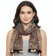 Retro Floral Animal Print Pashmina with Faux Fur Poms