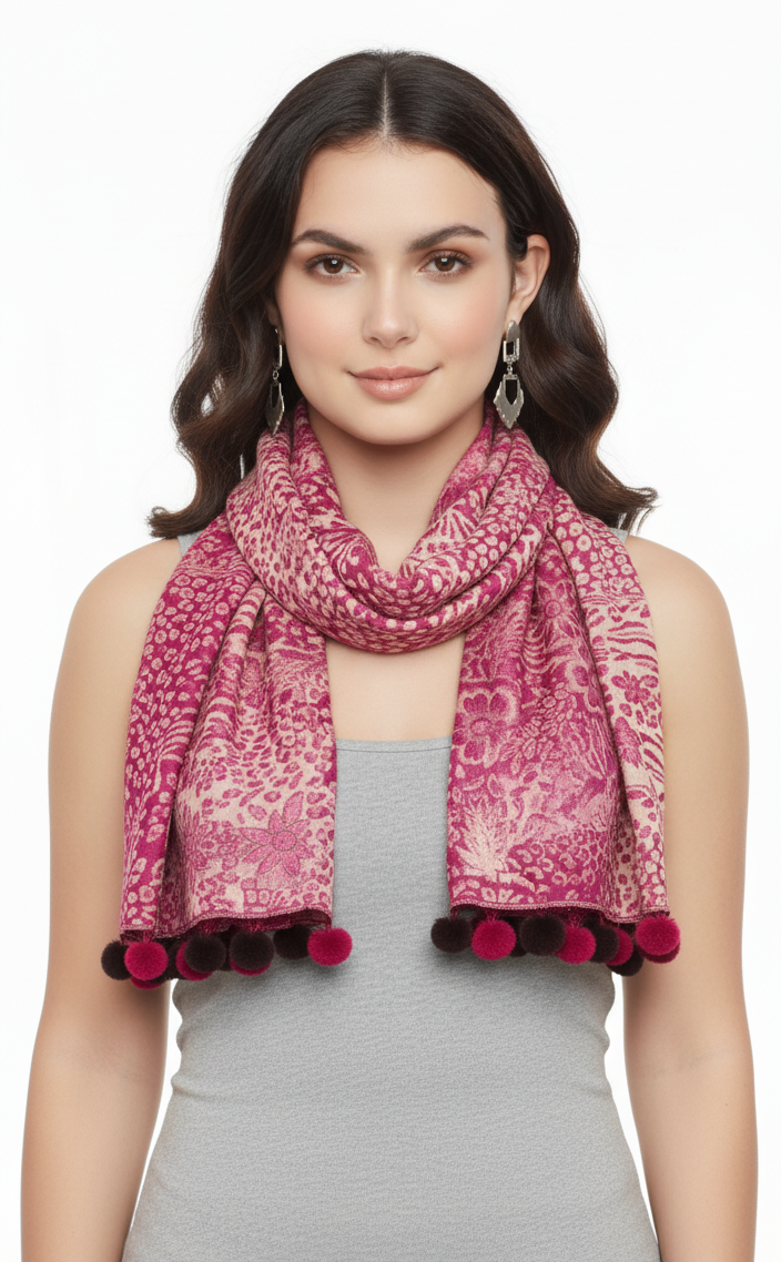 Retro Floral Animal Print Pashmina with Faux Fur Poms