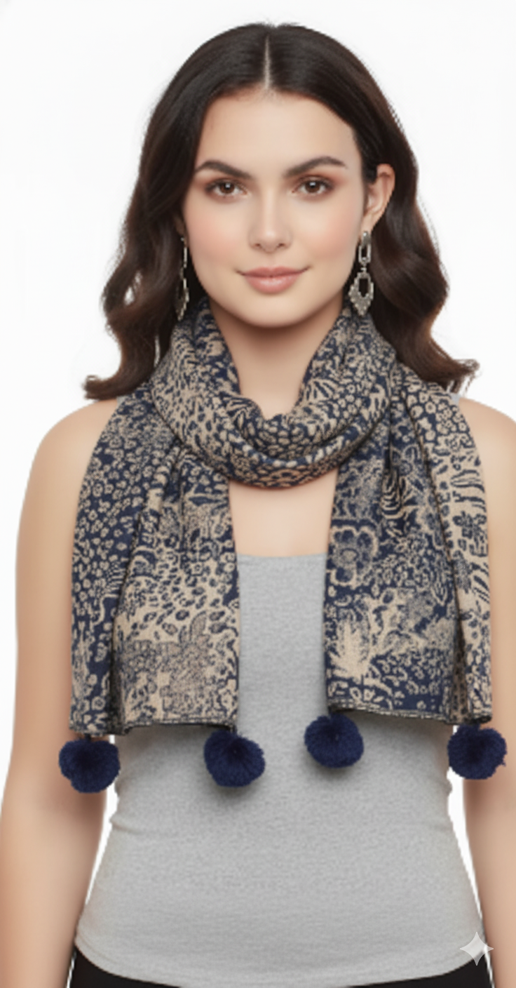 Retro Floral Animal Print Pashmina with Faux Fur Poms