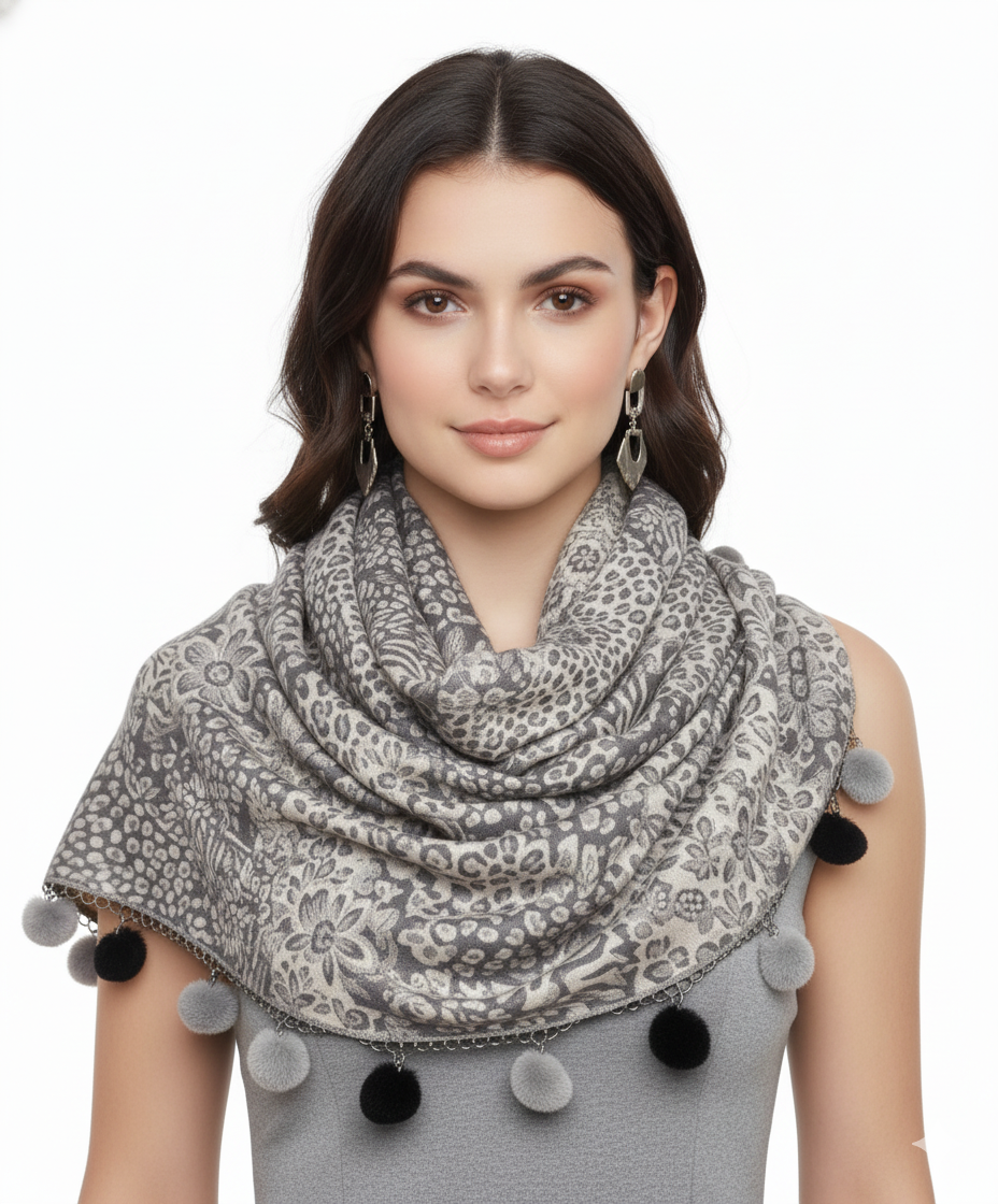 Retro Floral Animal Print Pashmina with Faux Fur Poms
