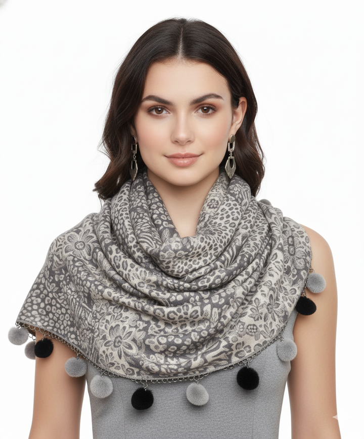 Retro Floral Animal Print Pashmina with Faux Fur Poms