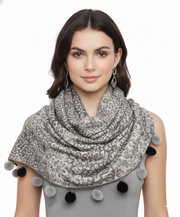 Retro Floral Animal Print Pashmina with Faux Fur Poms